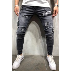 Men's Black Ripped Badge Applique Stiletto Jeans