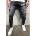 Men's Black Ripped Badge Applique Stiletto Jeans