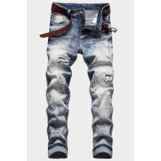 Wash Patchwork Slim-fit Distressed Men's Jeans