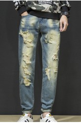 Distressed Wash Buttoned Straight Leg Men's Jeans