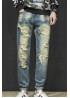 Distressed Wash Buttoned Straight Leg Men's Jeans
