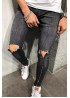 Grey Men's Ripped Zipper Jeans
