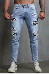 Sky Blue Men's Ripped Ghost Patches Slim Fit Skinny Jeans