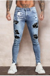Sky Blue Skull Letter Print Patchwork Skinny Fit Men's Jeans