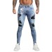 Sky Blue Skull Letter Print Patchwork Skinny Fit Men's Jeans