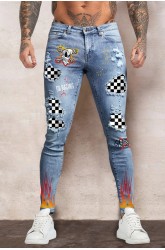 Sky Blue Plaid Ghost Print Patchwork Skinny Fit Men's Jeans