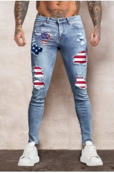 Sky Blue American Flag Graphic Print Splicing Men's Skinny Jeans