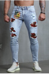 Sky Blue American Flag Floral Skull Print Patchwork Skinny Men's Jeans