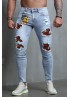 Sky Blue American Flag Floral Skull Print Patchwork Skinny Men's Jeans