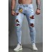 Sky Blue American Flag Floral Skull Print Patchwork Skinny Men's Jeans