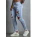 Sky Blue American Flag Floral Skull Print Patchwork Skinny Men's Jeans