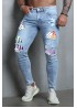 Sky Blue Men Stripes and Stars Print Ripped Skinny Jeans