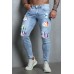 Sky Blue Men Stripes and Stars Print Ripped Skinny Jeans