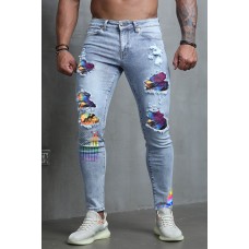 Sky Blue Tie Dye American Flag Print Patchwork Men's Skinny Jeans