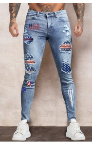 Sky Blue USA Flag Distressed Stretchy Ripped Hole Denim Pants