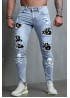 Sky Blue Skull Print Patchwork Distressed Men's Skinny Jeans