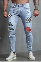 Sky Blue Plaid Pattern Patchwork Ripped Skinny Men's Jeans