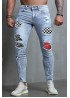 Sky Blue Plaid Pattern Patchwork Ripped Skinny Men's Jeans