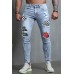 Sky Blue Plaid Pattern Patchwork Ripped Skinny Men's Jeans