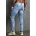 Sky Blue Plaid Pattern Patchwork Ripped Skinny Men's Jeans