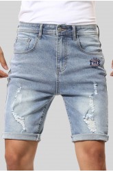 Sky Blue Graphic Print Rolled Hem Ripped Men's Denim Shorts