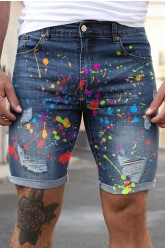 Blue Graffiti Print Distressed Skinny Fit Men's Denim Shorts