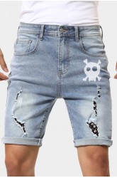 Sky Blue Skull Print Rolled Hem Ripped Men's Denim Shorts