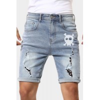 Sky Blue Skull Print Rolled Hem Ripped Men's Denim Shorts