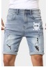 Sky Blue Skull Print Rolled Hem Ripped Men's Denim Shorts