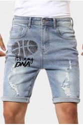 Sky Blue It's In My DNA Basketball Print Ripped Rolled Hem Men's Denim Shorts