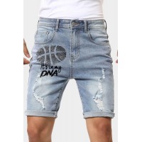 Sky Blue It's In My DNA Basketball Print Ripped Rolled Hem Men's Denim Shorts