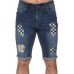 Blue Plaid Pattern Splicing Skinny Distressed Men's Denim Shorts