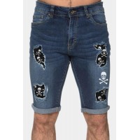 Sky Blue Skull Graphic Patchwork Distressed Skinny Fit Men's Jeans