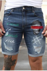 Blue Figure Letter Printed Skinny Fit Men's Denim Shorts