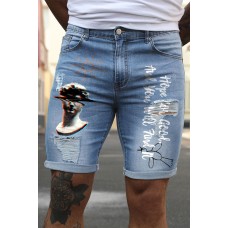 Sky Blue Letters Graphic Print Skinny Fit Distressed Men's Denim Shorts