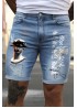 Sky Blue Letters Graphic Print Skinny Fit Distressed Men's Denim Shorts