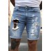 Sky Blue Letters Graphic Print Skinny Fit Distressed Men's Denim Shorts