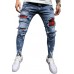 Plaid Patchwork Distressed Slim-fit Men's Jeans