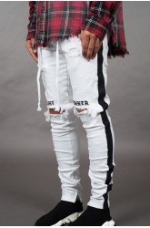 White Letter Striped Print Ripped Slim-fit Men's Jeans