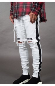 White Letter Striped Print Ripped Slim-fit Men's Jeans