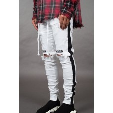 White Letter Striped Print Ripped Slim-fit Men's Jeans