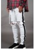 White Letter Striped Print Ripped Slim-fit Men's Jeans
