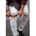 White Letter Striped Print Ripped Slim-fit Men's Jeans