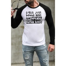 Black Men's Letter Print Color Block Long Sleeve T-shirt