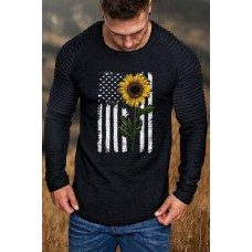 Black Men's Sunflower American Flag Print Pleated Long Sleeve Top