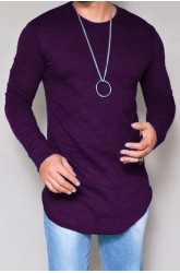 Men's Solid Color Rounded Hem Long Sleeve T-shirt