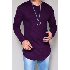 Men's Solid Color Rounded Hem Long Sleeve T-shirt