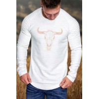 White Steer Head Graphic Pleated Slim Fit Men Long Sleeve T-shirt