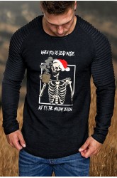 Black Christmas Skeleton Graphic Print Pleated Men's T-shirt