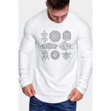 Men's Graphic Print Slim-fit Pleated Long Sleeve T-shirt